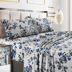 imageTribeca Living California King Bed Sheet Set 300 Thread Count Soft Cotton Sateen Floral Print with Extra Deep Pockets 4Piece Bedding Set Park MulticolorLisbon BlueMulti