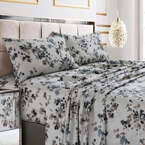 imageTribeca Living California King Bed Sheet Set 300 Thread Count Soft Cotton Sateen Floral Print with Extra Deep Pockets 4Piece Bedding Set Park MulticolorLisbon GreyMulti