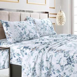 imageTribeca Living California King Bed Sheet Set 300 Thread Count Soft Cotton Sateen Floral Print with Extra Deep Pockets 4Piece Bedding Set Park MulticolorVernazza BlueMulti