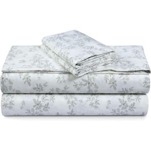 imageTribeca Living Cotton Percale Queen Size Bed Sheet Set 300 Thread Count Extra Deep Pockets MulticolorEmma Floral Grey