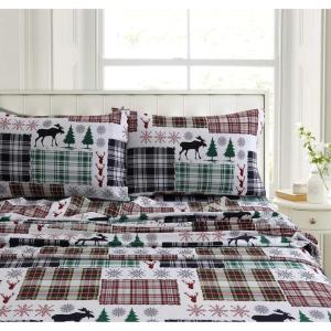 imageTribeca Living CHREVESNSHTW Deep Pocket Sheet Set Twin Xmas Eve SnowflakesPatchwork Plaid