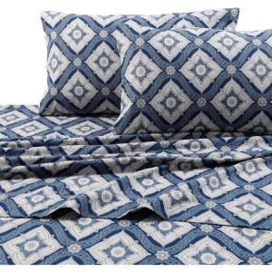 imageTribeca Living 200 GSM Stripe Printed Deep Pocket Flannel Sheet Set Twin BlueDamask