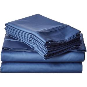 imageTribeca Living California King Bed Sheet Set Soft Egyptian Cotton Sateen Solid Sheets and Pillowcase Set Deep Pocket 500 Thread Count 6Piece Luxury Bedding Midnight Blue