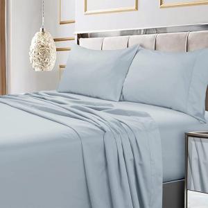 imageTribeca Living Soft Egyptian Cotton Sateen Solid Sheets and Pillowcase Set Deep Pocket 600 Thread Count 6Piece Luxury Bedding California King ClaySky Blue