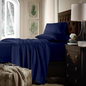 imageTribeca Living California King Bed Sheet Set Soft Cotton Sateen Solid Sheets and Pillowcase Set Deep Pocket 750 Thread Count 4Piece Luxury Bedding Navy BlueNavy Blue