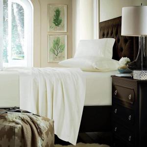 imageTribeca Living California King Bed Sheet Set Soft Cotton Sateen Solid Sheets and Pillowcase Set Deep Pocket 750 Thread Count 4Piece Luxury Bedding Navy BlueIvory