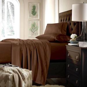 imageTribeca Living California King Bed Sheet Set Soft Cotton Sateen Solid Sheets and Pillowcase Set Deep Pocket 750 Thread Count 4Piece Luxury Bedding Navy BlueChocolate