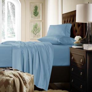 imageTribeca Living California King Bed Sheet Set Soft Cotton Sateen Solid Sheets and Pillowcase Set Deep Pocket 750 Thread Count 4Piece Luxury Bedding Navy BlueSky Blue