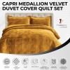 imageTribeca Living Oversized Velvet Quilt 3Piece Queen Bed Set 260GSM Soft Quilted Velvet Includes One Quilt ampamp Two Shams TealGold