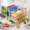 imageMarbrasse Desk Organizer with File Holder 5Tier Paper Letter Tray Organizer with Drawer and 2 Pen Holder Mesh Desktop Organizer and Storage with Magazine Holder for Office SuppliesBlackGold
