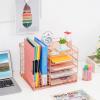 imageMarbrasse Desk Organizer with File Holder 5Tier Paper Letter Tray Organizer with Drawer and 2 Pen Holder Mesh Desktop Organizer and Storage with Magazine Holder for Office SuppliesBlackRose Gold