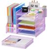 imageMarbrasse Desk Organizer with File Holder 5Tier Paper Letter Tray Organizer with Drawer and 2 Pen Holder Mesh Desktop Organizer and Storage with Magazine Holder for Office SuppliesBlackPurple