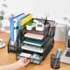 imageMarbrasse Desk Organizer with File Holder 5Tier Paper Letter Tray Organizer with Drawer and 2 Pen Holder Mesh Desktop Organizer and Storage with Magazine Holder for Office SuppliesBlackBlack