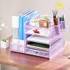 imageMarbrasse Desk Organizer with File Holder 5Tier Paper Letter Tray Organizer with Drawer and 2 Pen Holder Mesh Desktop Organizer and Storage with Magazine Holder for Office SuppliesBlackPurple