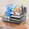 imageMarbrasse Desk Organizer with File Holder 5Tier Paper Letter Tray Organizer with Drawer and 2 Pen Holder Mesh Desktop Organizer and Storage with Magazine Holder for Office SuppliesBlackGray