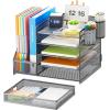 imageMarbrasse Desk Organizer with File Holder 5Tier Paper Letter Tray Organizer with Drawer and 2 Pen Holder Mesh Desktop Organizer and Storage with Magazine Holder for Office SuppliesBlackGray