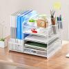 imageMarbrasse Desk Organizer with File Holder 5Tier Paper Letter Tray Organizer with Drawer and 2 Pen Holder Mesh Desktop Organizer and Storage with Magazine Holder for Office SuppliesBlackWhite