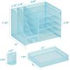 imageMarbrasse Desk Organizer with File Holder 5Tier Paper Letter Tray Organizer with Drawer and 2 Pen Holder Mesh Desktop Organizer and Storage with Magazine Holder for Office SuppliesBlackBlue