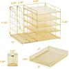 imageMarbrasse Desk Organizer with File Holder 5Tier Paper Letter Tray Organizer with Drawer and 2 Pen Holder Mesh Desktop Organizer and Storage with Magazine Holder for Office SuppliesBlackGold
