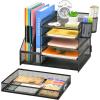 imageMarbrasse Desk Organizer with File Holder 5Tier Paper Letter Tray Organizer with Drawer and 2 Pen Holder Mesh Desktop Organizer and Storage with Magazine Holder for Office SuppliesBlackBlack