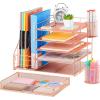 imageMarbrasse Desk Organizer with File Holder 5Tier Paper Letter Tray Organizer with Drawer and 2 Pen Holder Mesh Desktop Organizer and Storage with Magazine Holder for Office SuppliesBlackRose Gold