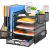 imageMarbrasse Desk Organizer with File Holder 5Tier Paper Letter Tray Organizer with Drawer and 2 Pen Holder Mesh Desktop Organizer and Storage with Magazine Holder for Office SuppliesBlackBlack