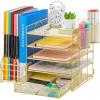 imageMarbrasse Desk Organizer with File Holder 5Tier Paper Letter Tray Organizer with Drawer and 2 Pen Holder Mesh Desktop Organizer and Storage with Magazine Holder for Office SuppliesBlackGold