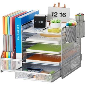 imageMarbrasse Desk Organizer with File Holder 5Tier Paper Letter Tray Organizer with Drawer and 2 Pen Holder Mesh Desktop Organizer and Storage with Magazine Holder for Office SuppliesBlackSilver