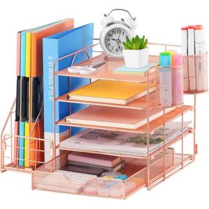 imageMarbrasse Desk Organizer with File Holder 5Tier Paper Letter Tray Organizer with Drawer and 2 Pen Holder Mesh Desktop Organizer and Storage with Magazine Holder for Office SuppliesBlackRose Gold