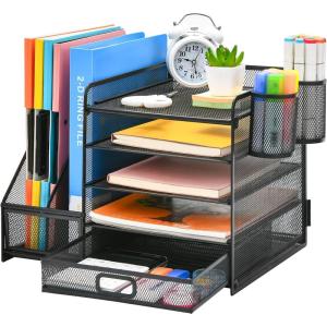 imageMarbrasse Desk Organizer with File Holder 5Tier Paper Letter Tray Organizer with Drawer and 2 Pen Holder Mesh Desktop Organizer and Storage with Magazine Holder for Office SuppliesBlackBlack