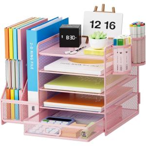 imageMarbrasse Desk Organizer with File Holder 5Tier Paper Letter Tray Organizer with Drawer and 2 Pen Holder Mesh Desktop Organizer and Storage with Magazine Holder for Office SuppliesBlackPink