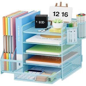 imageMarbrasse Desk Organizer with File Holder 5Tier Paper Letter Tray Organizer with Drawer and 2 Pen Holder Mesh Desktop Organizer and Storage with Magazine Holder for Office SuppliesBlackBlue