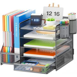 imageMarbrasse Desk Organizer with File Holder 5Tier Paper Letter Tray Organizer with Drawer and 2 Pen Holder Mesh Desktop Organizer and Storage with Magazine Holder for Office SuppliesBlackGray