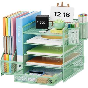 imageMarbrasse Desk Organizer with File Holder 5Tier Paper Letter Tray Organizer with Drawer and 2 Pen Holder Mesh Desktop Organizer and Storage with Magazine Holder for Office SuppliesBlackGreen