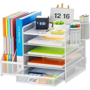 imageMarbrasse Desk Organizer with File Holder 5Tier Paper Letter Tray Organizer with Drawer and 2 Pen Holder Mesh Desktop Organizer and Storage with Magazine Holder for Office SuppliesBlackWhite