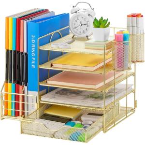 imageMarbrasse Desk Organizer with File Holder 5Tier Paper Letter Tray Organizer with Drawer and 2 Pen Holder Mesh Desktop Organizer and Storage with Magazine Holder for Office SuppliesBlackGold