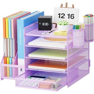 imageMarbrasse Desk Organizer with File Holder 5Tier Paper Letter Tray Organizer with Drawer and 2 Pen Holder Mesh Desktop Organizer and Storage with Magazine Holder for Office SuppliesBlackPurple