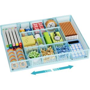 imageMarbrasse Expandable Desk Drawer Organizer Mesh Drawer Organizer Tray with 10 Adjustable Compartments Desk Organizers and Accessories 5 Dividers Drawer for Office Supplies Makeup ampamp Vanity BlackExpandableBlue