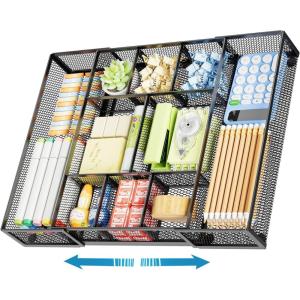 imageMarbrasse Expandable Desk Drawer Organizer Mesh Drawer Organizer Tray with 10 Adjustable Compartments Desk Organizers and Accessories 5 Dividers Drawer for Office Supplies Makeup ampamp Vanity BlackExpandableBlack