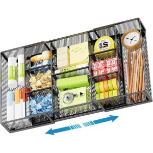 imageMarbrasse Expandable Desk Drawer Organizer Mesh Drawer Organizer Tray with 10 Adjustable Compartments Desk Organizers and Accessories 5 Dividers Drawer for Office Supplies Makeup ampamp Vanity BlackLonger Expandable Drawer OrganizerB