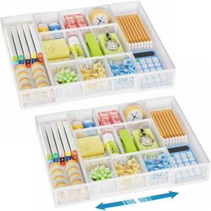 imageMarbrasse Expandable Desk Drawer Organizer Mesh Drawer Organizer Tray with 10 Adjustable Compartments Desk Organizers and Accessories 5 Dividers Drawer for Office Supplies Makeup ampamp Vanity BlackWhite2P
