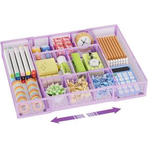 imageMarbrasse Expandable Desk Drawer Organizer Mesh Drawer Organizer Tray with 10 Adjustable Compartments Desk Organizers and Accessories 5 Dividers Drawer for Office Supplies Makeup ampamp Vanity BlackExpandablePurple