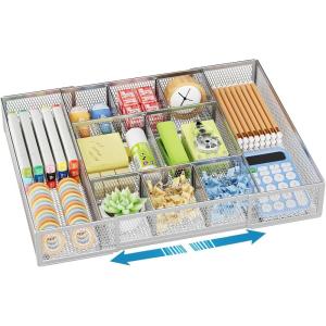 imageMarbrasse Expandable Desk Drawer Organizer Mesh Drawer Organizer Tray with 10 Adjustable Compartments Desk Organizers and Accessories 5 Dividers Drawer for Office Supplies Makeup ampamp Vanity BlackExpandableSilver