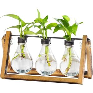 imageMarbrasse Plant Propagation Stations with Wooden Stand Desktop Plant Terrarium Holder Bulb Vase Glass Vase Container with Metal Swivel Holder for Hydroponics of Home Garden Office Decor Lover Gifts3 Bulbs Vase