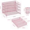 imageMarbrasse 4Trays Desk File Organizer with 2 Pen Holder Desktop Hanging File Holder with Drawer Paper Letter Tray Organizer Rose GoldPink