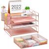 imageMarbrasse 4Trays Desk File Organizer with 2 Pen Holder Desktop Hanging File Holder with Drawer Paper Letter Tray Organizer Rose GoldRose Gold