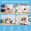 imageMarbrasse Desk Organizer 360Degree Rotating Pen Holder for Desk Desk Organizers and Accessories with 5 Compartments Pencil Organizer Art Supply Storage Box Caddy for Office Home WhitePink