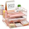 imageMarbrasse 4Trays Desk File Organizer with 2 Pen Holder Desktop Hanging File Holder with Drawer Paper Letter Tray Organizer Rose GoldRose Gold
