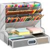imageMarbrasse Mesh Desk Organizer MultiFunctional Pen Holder Desktop Stationary Organizer Storage Rack for School Home Office Art Supplies Mesh Pen HolderMesh Pen Holder With Drawer Silver