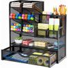 imageMarbrasse Mesh Pen Holder for Desk MultiFunctional Pencil Organizer with Drawer Desk Organizers and Accessories for Office Art Supplies BlackBlack